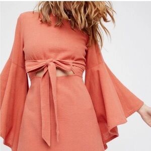 Free People Coral Asymmetrical Tie-Front Bell-Sleeve Mini Dress